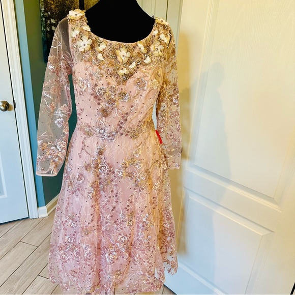 Mac Duggal 67501 Rose Pink Floral Detail Beaded Gown Midi Sz 8 NWT $598 - Picture 6 of 15